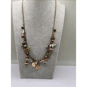 Vintage Safari Animal Charm Necklace Mixed Metal Wood Beads 20 in Elephants